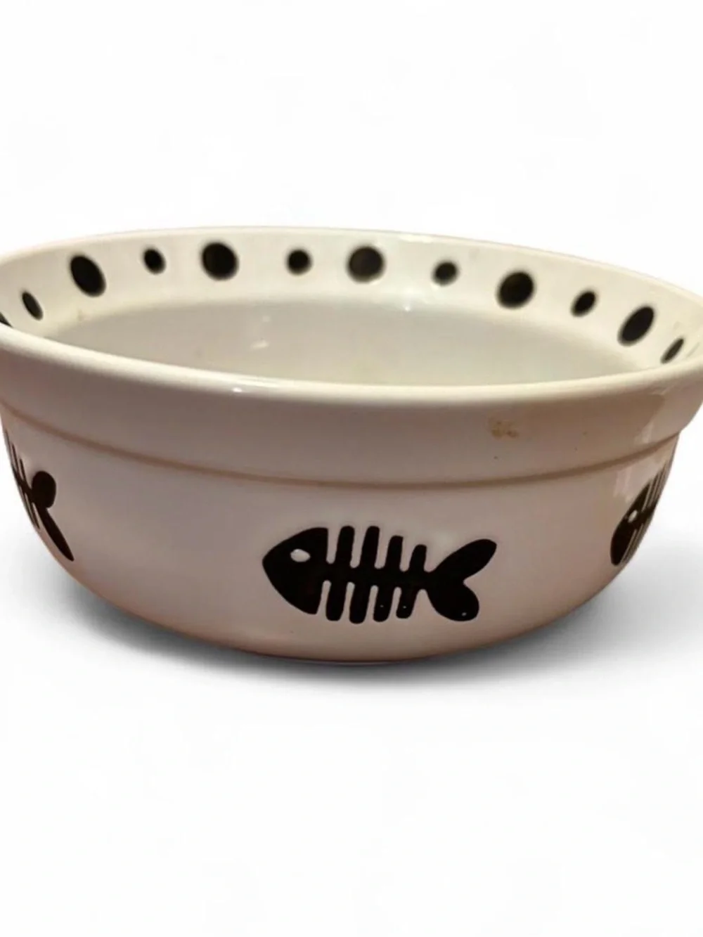 Ceramic Pet Bowl with Black Fish Design - White